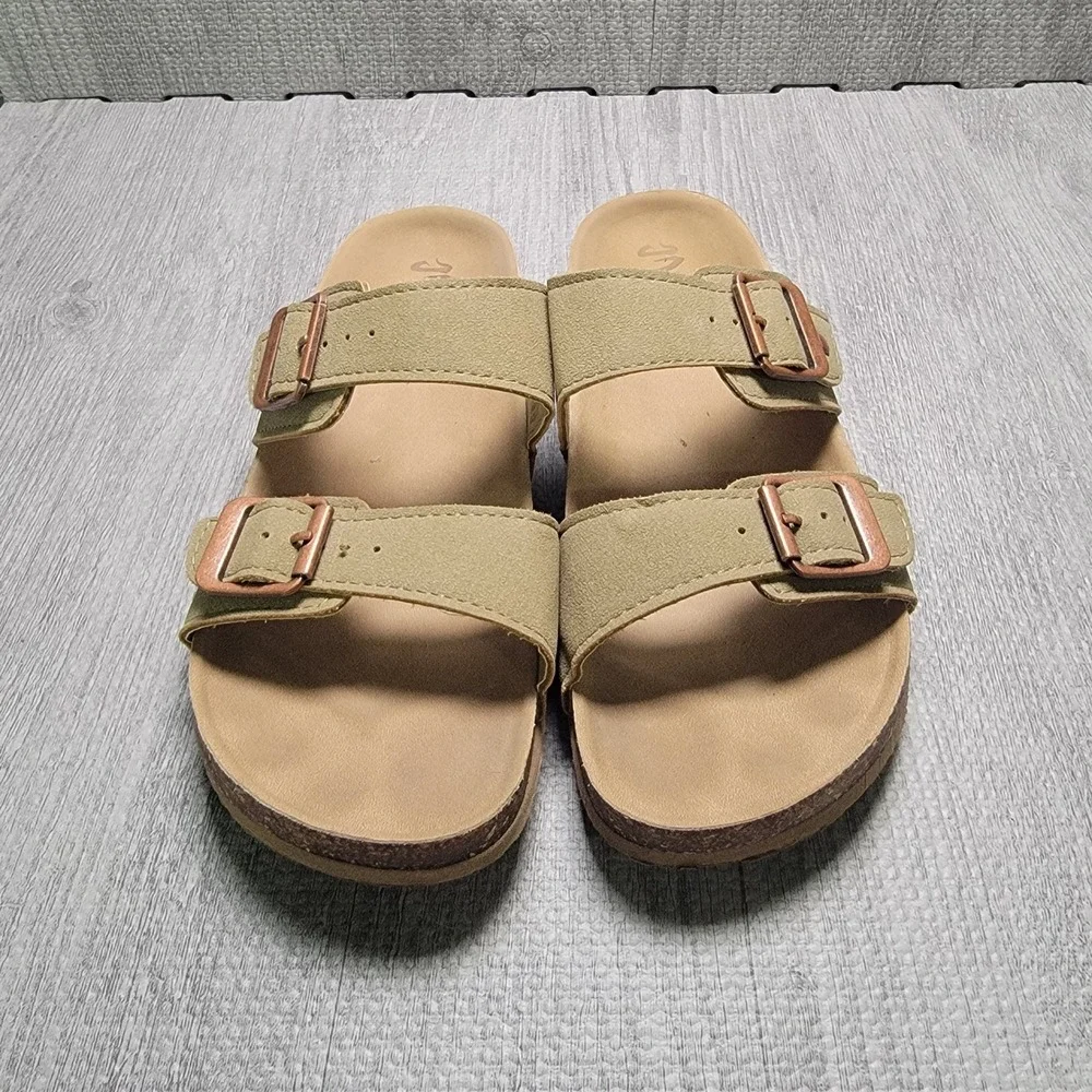 Mad Love Keava Footbed Sandals Womens 6 Taupe Double Strap Buckle Casual Slide